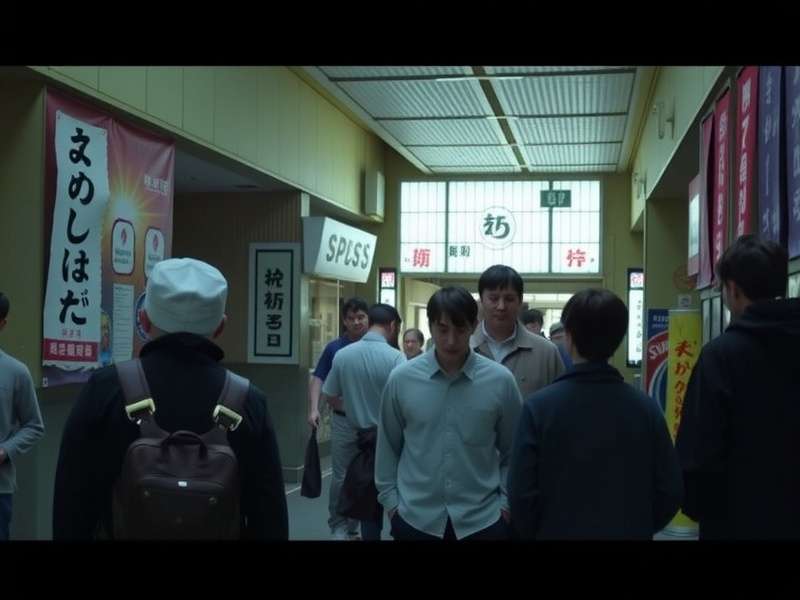 A crowded Japanese cinema lobby with Demon Slayer movie posters and fans holding tickets