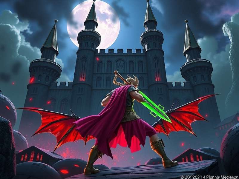 Artistic depiction of a mysterious, infinite Japanese castle with glowing lights and floating platforms, representing the Infinity Castle from Demon Slayer