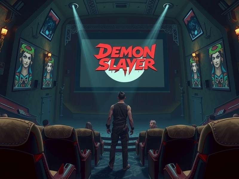 Modern cinema theater with red velvet seats, empty and ready for a Demon Slayer screening